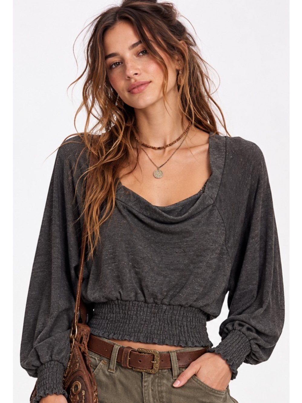 FP Movement Charcoal Boho Fairy Grunge Off-Shoulder Smocked Hem Sweater S/M